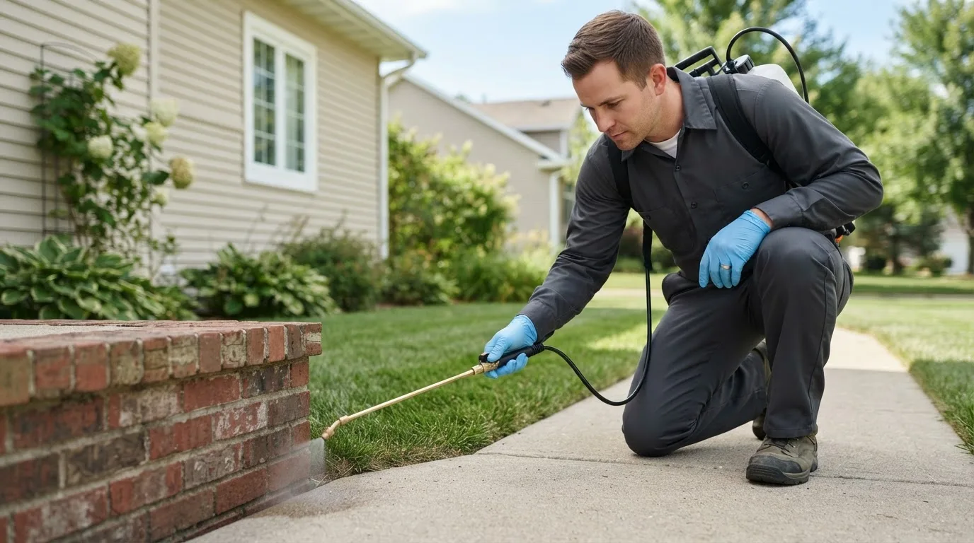 Pest control technician treating a home near Caledonia, ND