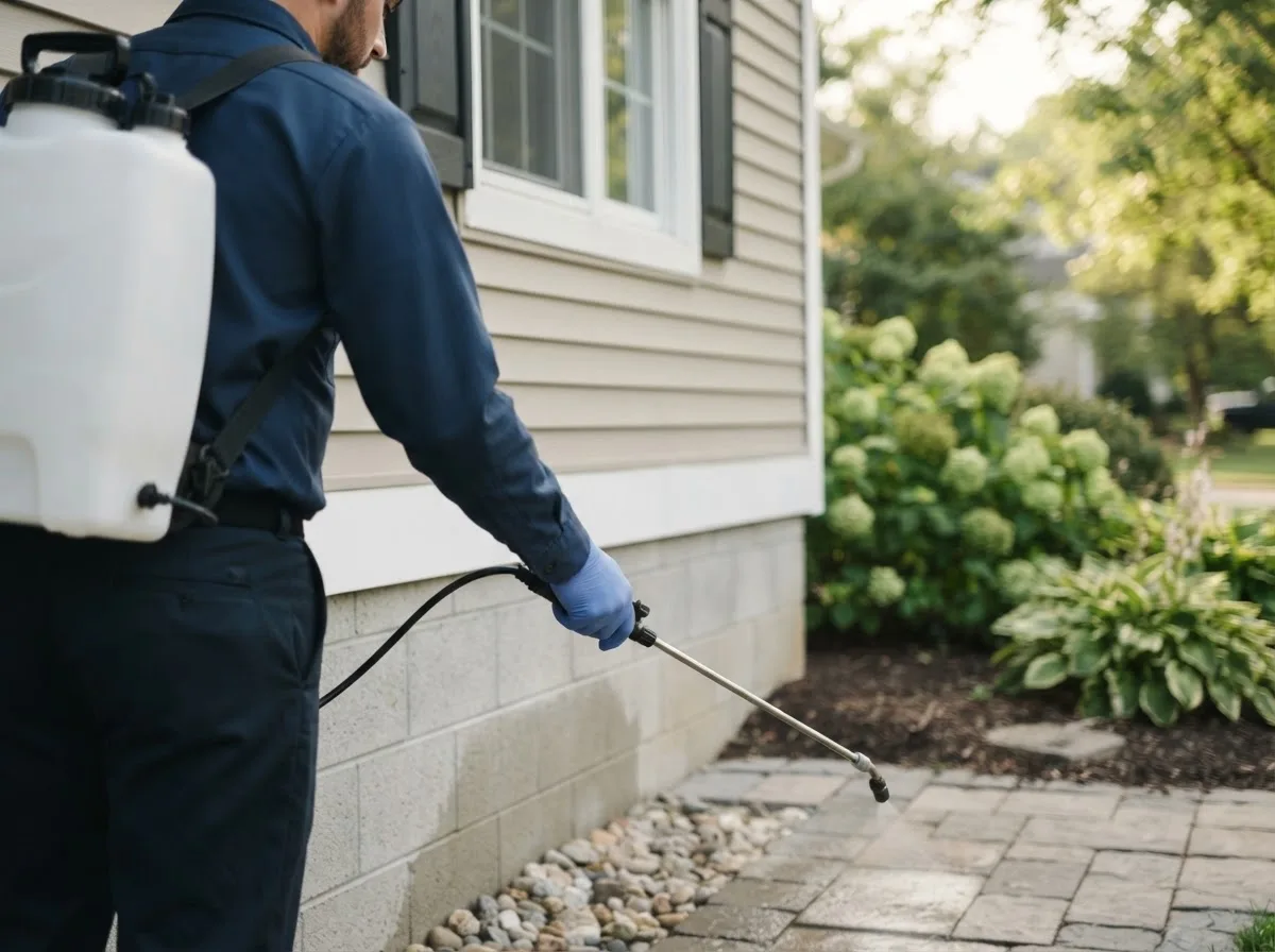 Pest control technician inspecting a home in Caledonia, ND